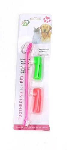 Two Headed Dog Toothbrush Set Canine Dental Hygiene Brush with 2 Finger Brushes Soft Bristles